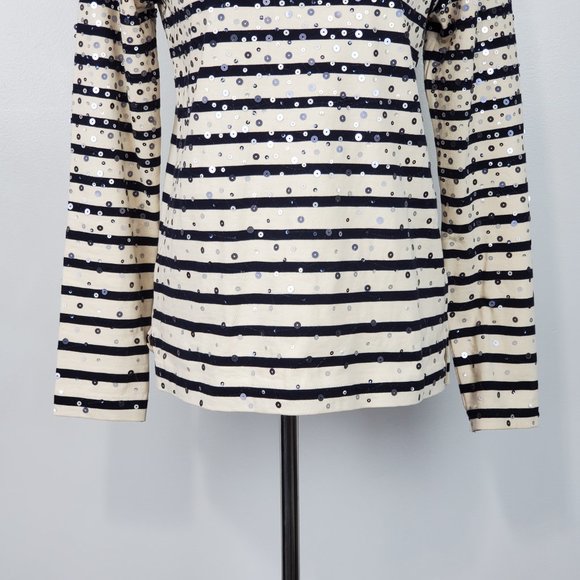 J. Crew Factory Black Tan Striped Sequin Confetti Pullover Knit Cotton Top Sz S - Picture 3 of 12